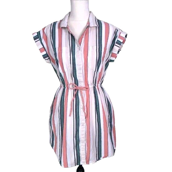 Japna Dresses & Skirts - Japna Striped Collared Short Sleeve Button Front 100% Cotton Tie Waist Dress MED